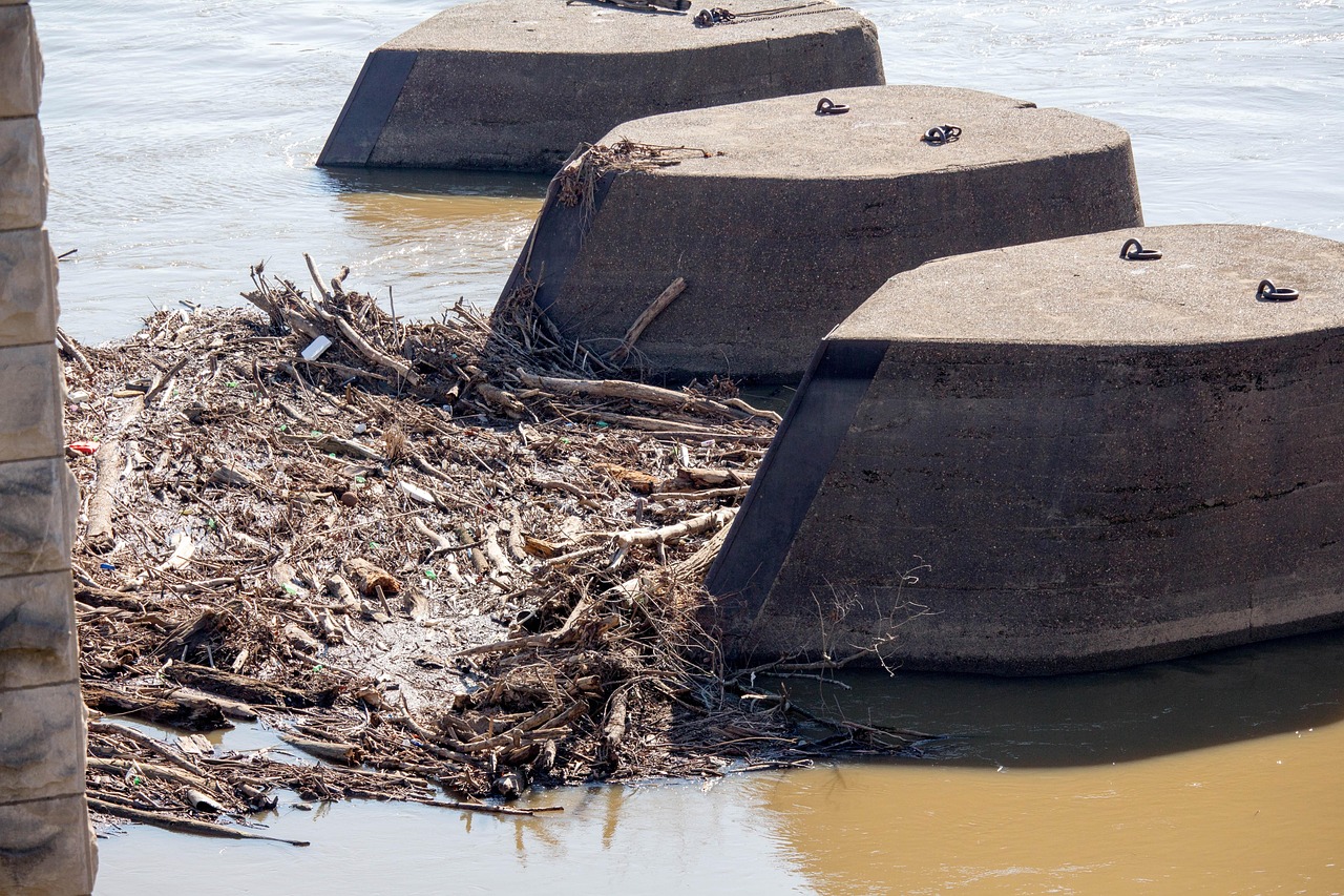 Stone barriers in a river, with a collection of logs, twigs and sewage building up on one side