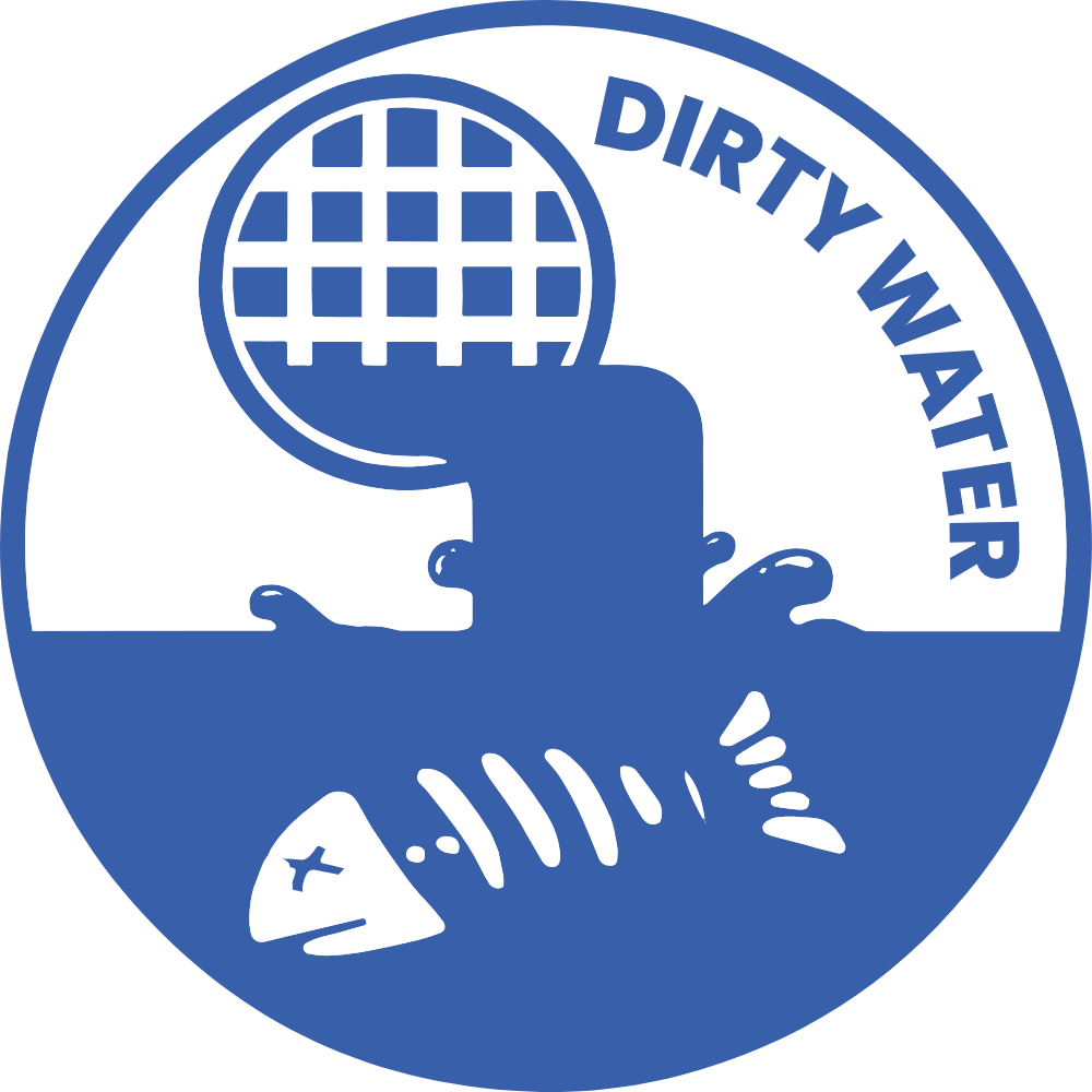 A simple blue and white image showing sewage flowing from a drain into a river with a fish skeleton in it